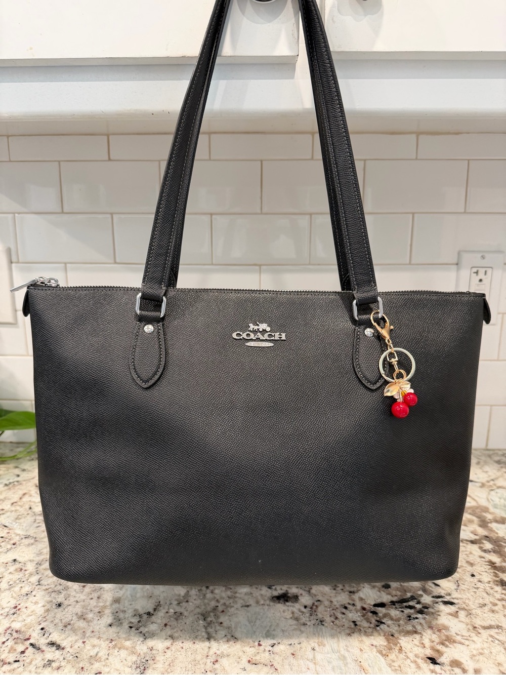 Coach Black Saffiano Leather Tote with Cherry Charm